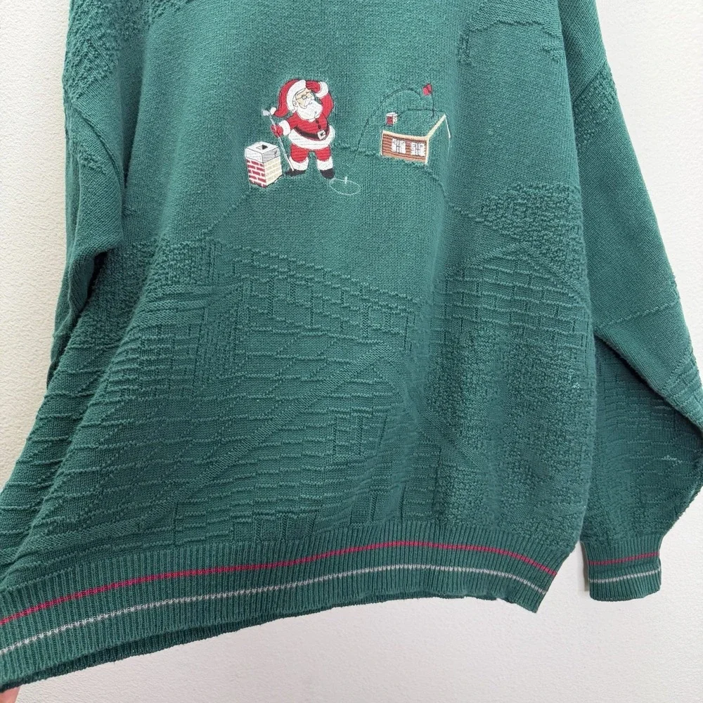Vintage Christmas Sweater Golf Santa Clause Green Men's XL 90s Granny Grandpa
